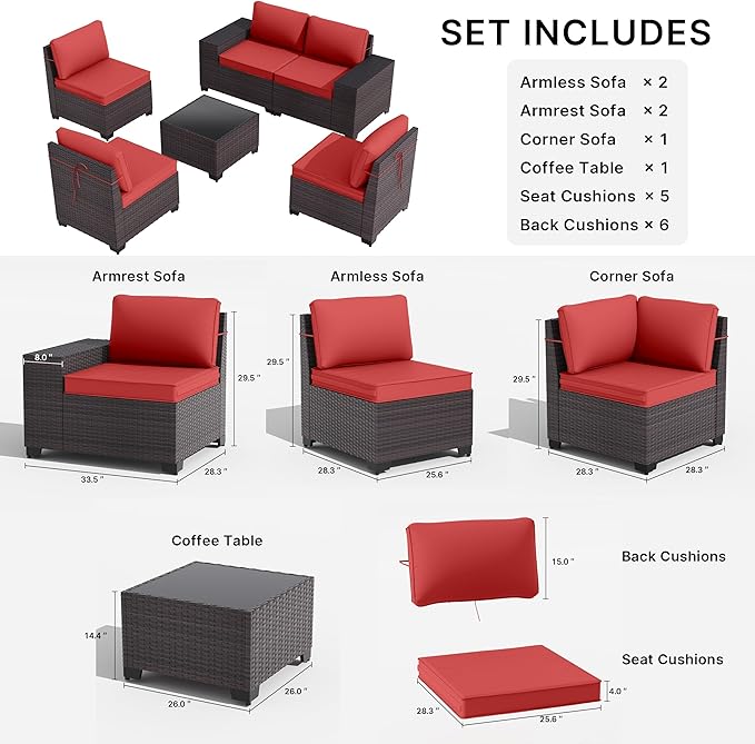 Gotland 6 Pieces Patio Furniture Set with 1 Coffee Table, 5 Seater Rattan Outdoor Sectional with Wide Armrests 29.5'' High Backrest Thick Waterproof Cushions, Conversation Sets for Deck Garden Red