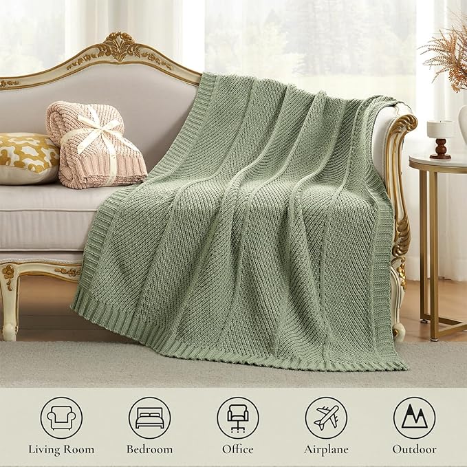 Amélie Home Knit Throw Blanket, Soft Chenille Cozy Breathable Chevron Chunky Decorative Blanket for Couch, Bed & Sofa, French-Inspired Lightweight Warm Gift for Women, Sage Green, 50"x60"