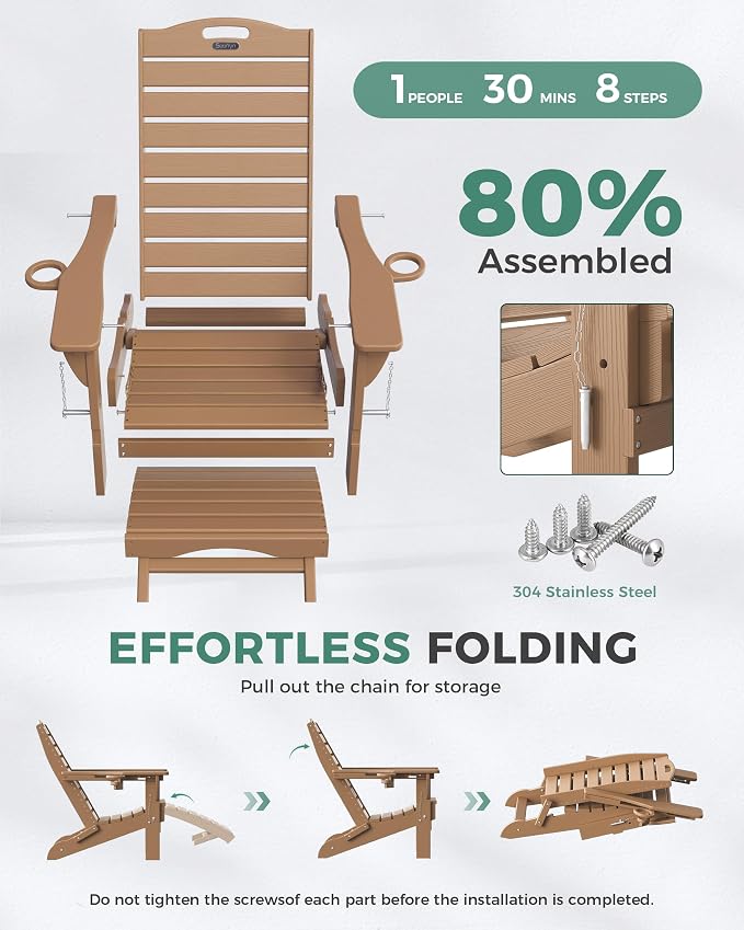 Folding Adirondack Chair with Retractable Ottoman Weather Resistant Fire Pit Chair Patio Chair with 2 Cup Holder Lawn Outdoor Lounge Chair (Teak) - Image 8