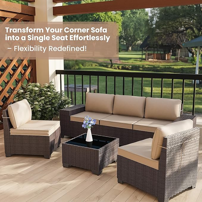 6 PCS Outdoor Patio Furniture Set,Outdoor Sectional Furniture All Weather PE Rattan Wicker Patio Conversation Set with Coffee Table and 5 Thickened Cushions,Sand