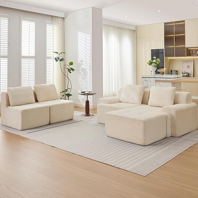 Modular Sectional Sofa, Boneless Couches for Living Room, Corduroy Couch, Big Comfy Couch, Modular Cloud Sofa with Deep Seat (White, 5 Pieces-Side Shape)