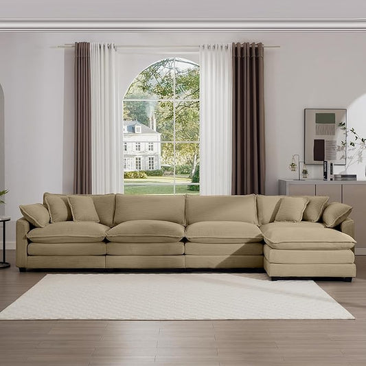 KEIKI 150" L-Shaped Oversized Corduroy Modular Sectional Sofa with 1 Ottoman, High-Density Foam Cushions, Removable Armrests, Upholstered 4-Seater Corner Couch with 6 Pillow, for Living Room, Tan
