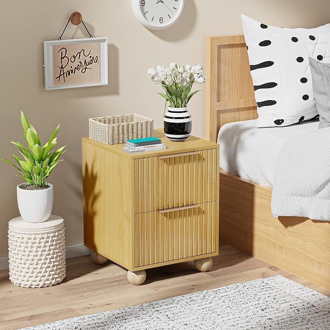 Fluted Nightstand - Modern Boho Oak Wood nightstand with Storage Drawer, Mid Century Bedside Table with Solid Wood Legs for Bedroom and Small Spaces - Image 3