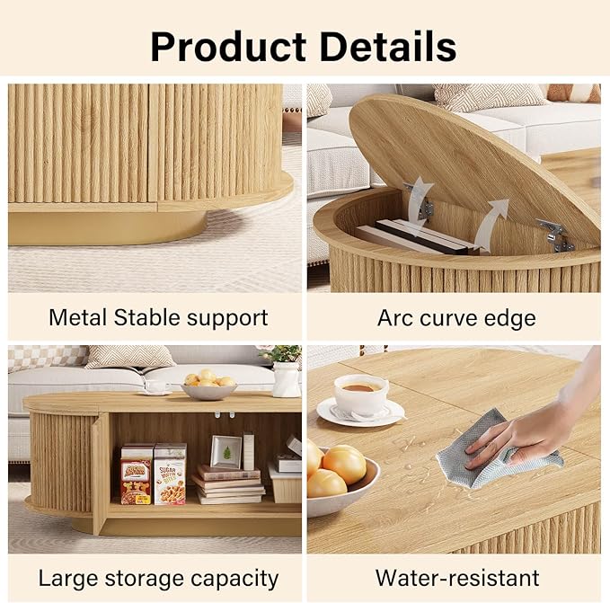 HSH Farmhouse Oval Coffee Table with Storage, 47” Modern Coffee Table with Press Type Door, Fluted Living Room Tables with 2 Flip-Top Hidden Lids, Wood Center Table for Living Room, Office Oak