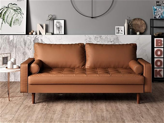 Womble Mid Century Modern Couch with Bolster Pillows, PU Leather Upholstered Tufted Seat, Versatile Retro Design for Comfortable Living Spaces, Sofa, Brown