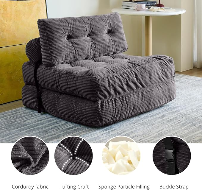 Folding Sofa Bed, Convertible Sleeper Chair with Pillow, Foldable Mattress with Back Support, Portable Floor Sofa Lounge for Living Room Bedroom Dorm