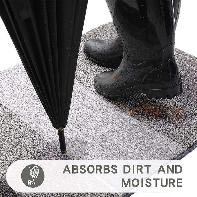 Kitinjoy Indoor Outdoor Door Mat, 47x24 Non-Slip Absorbent Dirt Trapper, Low-Profile Washable Inside Entrance Front Floor Mat, Sturdy Soft Entry Doormats for Entryway, Light Grey - Image 2