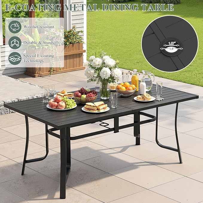 7 Pieces Patio Dining Set for 6, All Weather Outdoor Furniture Set, 63" Metal Dining Table with Umbrella Hole and 6 High Back Textilene Swivel Chairs for Deck Porch Lawn Poolside, Brown - Image 3