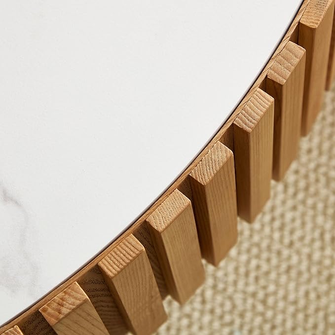 Round Coffee Table, 35.43" Circle Sintered Stone Tabletop, Modern Wood Fluted Coffee Table for Living Room Apartment, Easy Assembly (Oak)