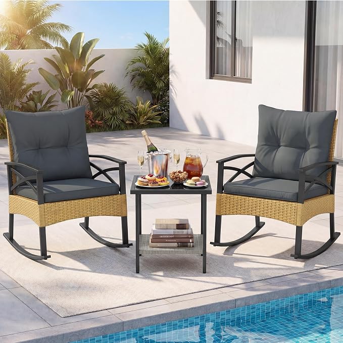 Tangkula 3 Pieces Outdoor Rocking Chairs Set, Rattan Heavy Duty Cushioned Rocker Chairs with 2-Tier Tempered Glass Coffee Table, for Garden, Balcony, Backyard (Yellow+Gray) - Image 3