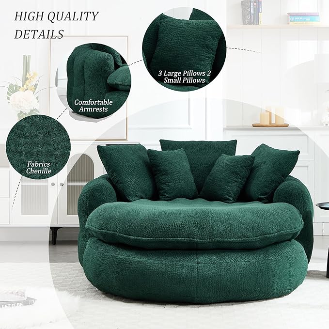 KEIKI 71" Chenille Round Boneless Sofa Couch, Oversized Chaise Lounge Chair Couches Indoor, No Assembly Required Floor Lazy Bean Bag, Modern Sleeper Sofa Bed for Living Guest Room & Bedroom, Green