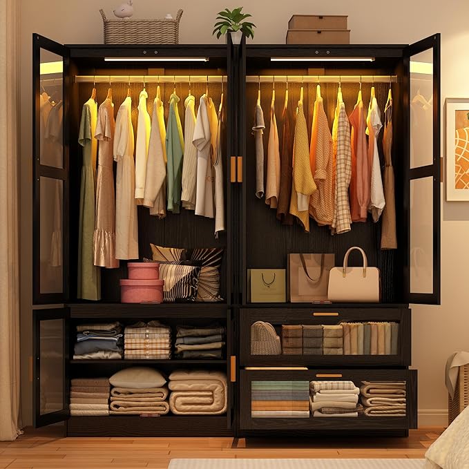 4 Doors Armoire Wardrobe Closet with LED and Mirror,71" H Freestanding Wooden Wardrobe Closet Cabinet for Bedroom w 2 Drawers,Wooden Clothing Storage Cabinet w Hanging Rod,Closets for Bedroom(Black)