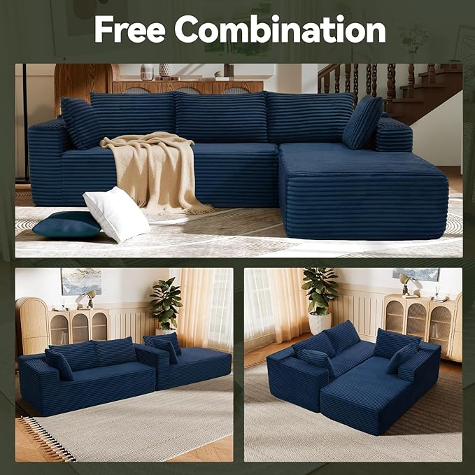 106" Modular Sectional Sofa, Blue Corduroy Cloud Couch with Left Chaise, Deep Seat Boneless Floor Sofa for Living Room, High-Resilience Foam Support, No Assembly Required, Includes Pillows | Sectional Sofa, Corduroy Cloud, Boneless, High-Resilience, No...