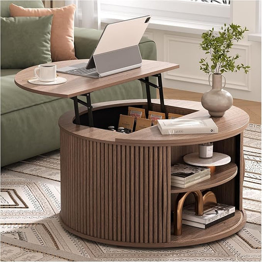 SULIVES Round Coffee Table with Lifting Top, Multifunctional Lift Top Drum Coffee Table with Sliding Door, Small Fluted Center Table for Living Room, Walnut
