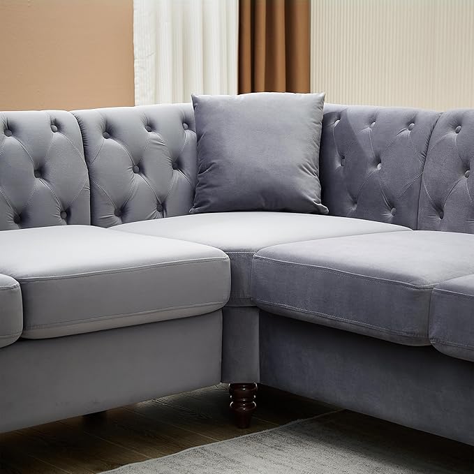 KEIKI 83.5" Chesterfield Corner Sofa, Retro Upholstered L-Shaped Couch with Rolled Arm, 5 Seater Velvet Sofas for Living Room Bedroom Office Apartment, Gray
