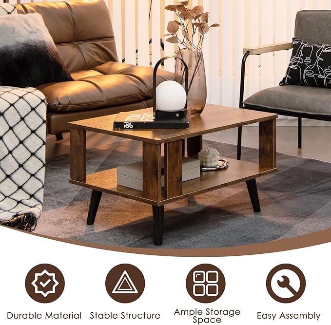 Tangkula Small Coffee Table for Living Room, 2-Tier Wooden Center Table with Open Storage Shelf, Side Baffle, Easy Assembly, Industrial Side Table for Small Space Bedroom (Rustic Brown)
