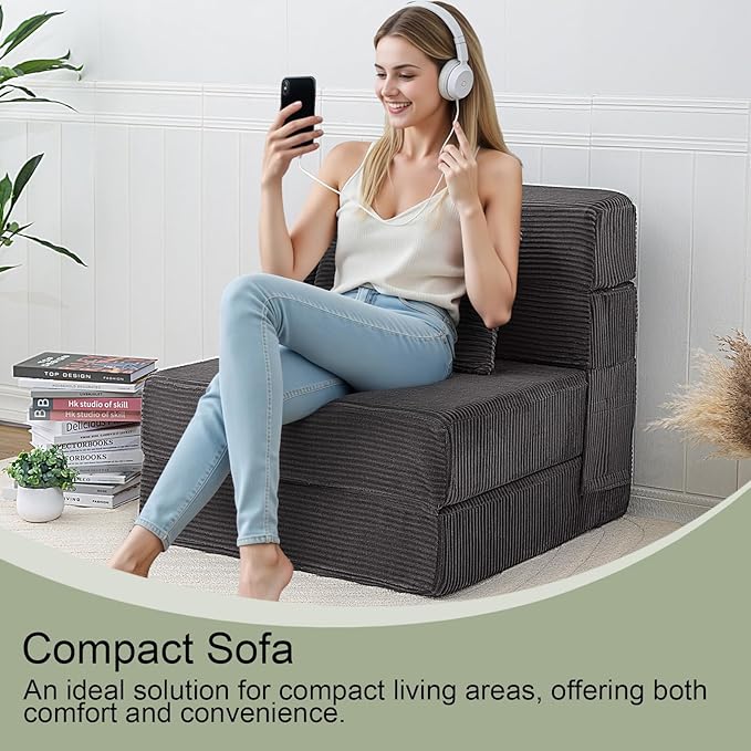 MeMoreCool Boneless Folding Chair Bed – Dark Grey Corduroy Single Sleeper Sofa, 4-in-1 Convertible Futon Couch with Pillow, Compact Fold-Out Floor Mattress with Washable Cover for Bedroom, Guest Room