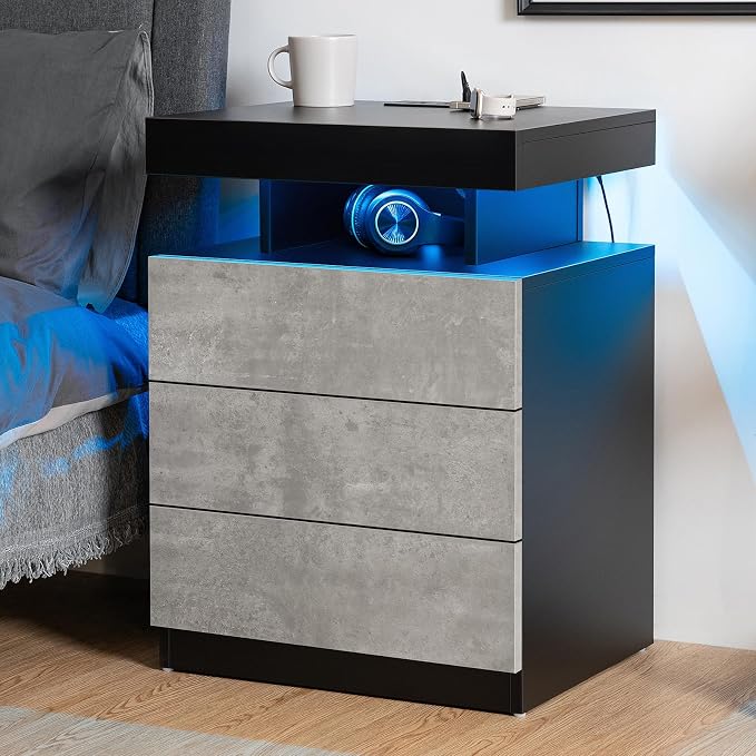 HOMMPA Set of 2 LED Nightstands with Wireless Charging Station Concrete Gray Matte Bedside Table with Led Light Smart Nightstand USB Port 3 Drawers Night Table Tall Wood LED Night Stand for Bedroom - Image 9