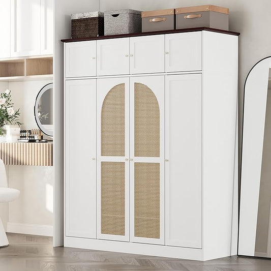 4 Doors Large Armoire Wardrobe Closet with Rattan Doors, 70.87" Tall Freestanding Wooden Closet Wardrobe Cabinet with Hanging Rod and Adjustable Shelves, Clothing Storage Cabinet for Bedroom, White