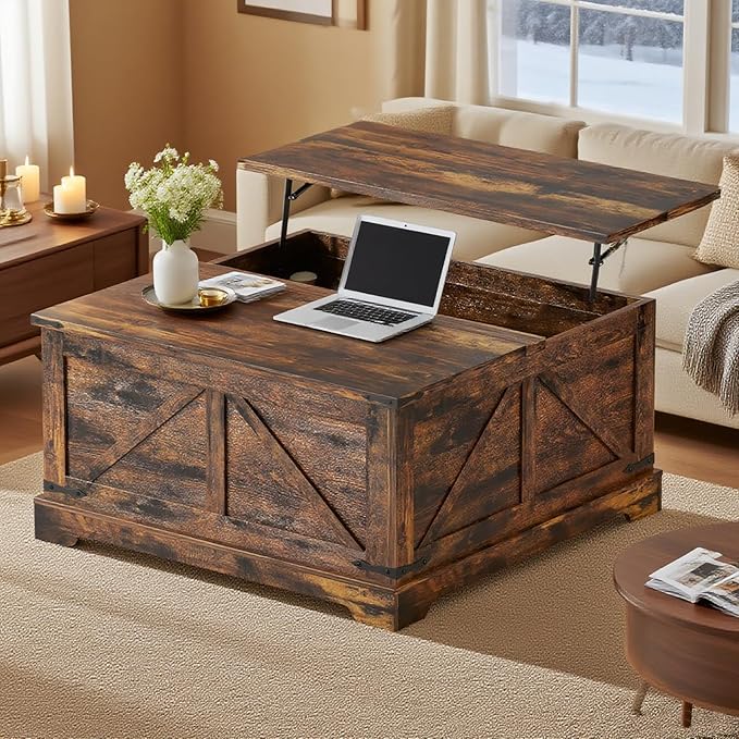 Vabches 35.4" Lift Top Coffee Table, Farmhouse Square Coffee Tables with Storage for Living Room, Center Table with USB Charging Station and Hidden Space, Grey
