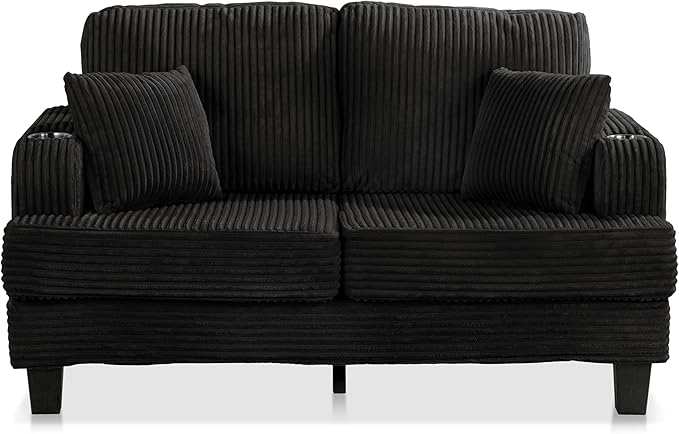 Homes: Inside + Out Reese Modern Plush Chenille Comfortable Loveseat with Side Pockets, Cup Holders and Pillows, Wooden Soft Couch for Living Room, Bedroom and Office, Black