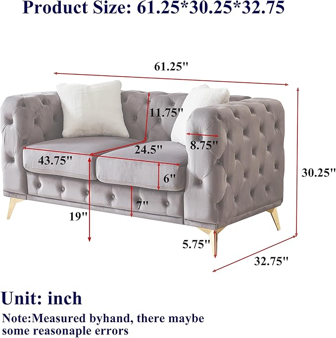 KEIKI 61" Luxury Oversized Velvet Chesterfield Sofa with 2 Pillows, Mid-Century Style 2-Seater Tufted Buttons Couch with High-Density Foam Cushions, Easy Assembly, for Apartment, Living Room, Beige