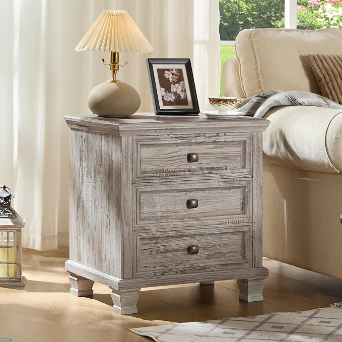 SAVOR LIFE Farmhouse Nightstand Set of 2, Rustic Accent End Table with 3 Drawers & 4 Square Solid Wood Legs, Vintage Bed Side Table with Storage, Small Dresser for Bedroom, Living Room, Grey - Image 3