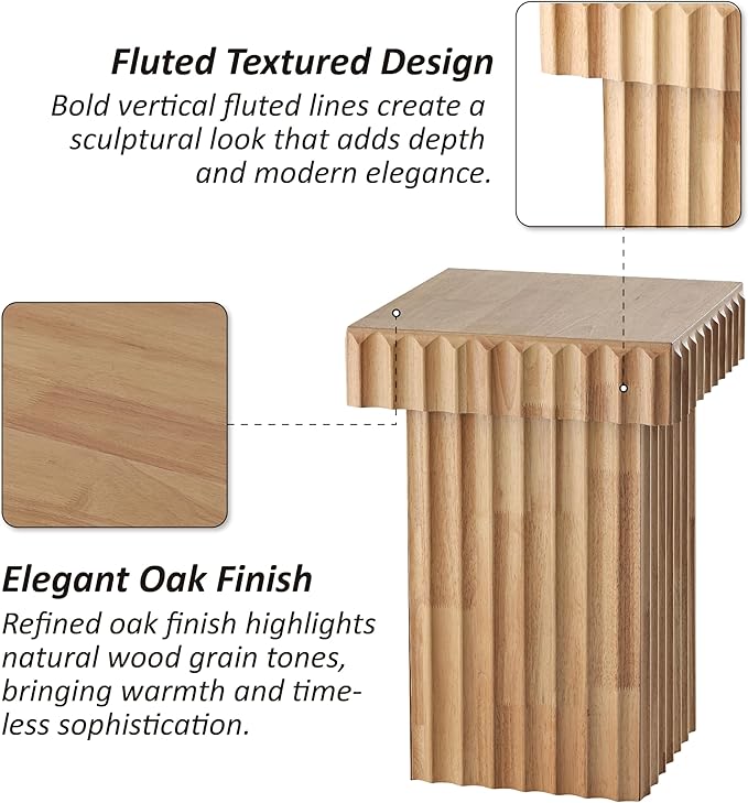 COZAYH Modern Fluted Wood End Table with Natural Oak Finish, Sculptural Accent Side Table with Textured Design, Plant Stand Small Space Furniture for Living Room, Farmhouse