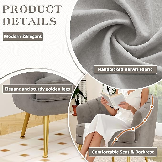 Andeworld Velvet Accent Chair Set of 2, Upholstered Modern Single Sofa Side Chair,Comfy Barrel Club Living Room Armchair with Golden Metal Legs for Bedroom Living Reading Room Office, Grey