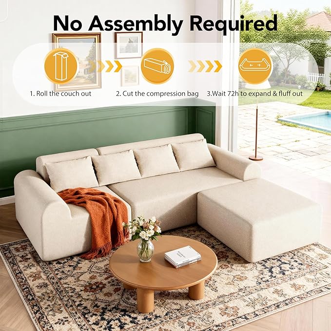 105.5” Cloud Modular Sectional Sofa, No Assembly Deep Seat L-Shaped Chenille Couch with Ottoman & 4 Pillows, 4-Seater for Living Room, Beige
