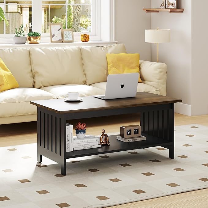 YOSHOOT 39.4" Farmhouse Coffee Table - Coffee Tables for Living Room, Small Coffee Table with Storage, Center Table for Living Room, Bedroom, Office, Black