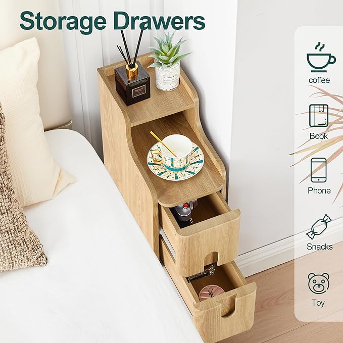 Small Nightstand Set of 2, Wood 2 Drawer Narrow Nightstand, Slim Side Table, Modern Skinny End Bedside Table, Natural Wood Night Stand with Drawers for Bedroom (Natural-2 pcs) - Image 6