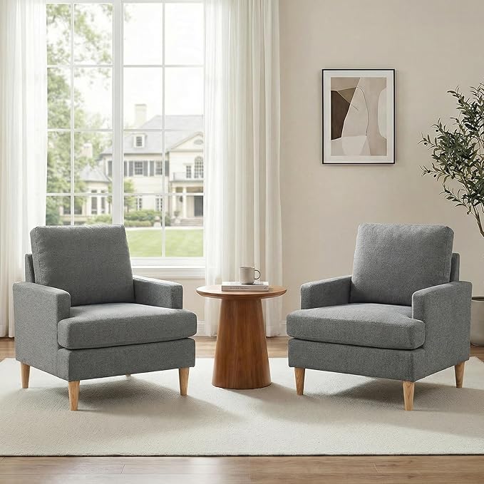 VKNOW Mid-Century Accent Chairs Set of 2, No Tools Assembly Required, Modern Upholstered Polyester Armchairs for Living Room & Bedroom, Comfortable Reading Chairs with Wood Legs, Dark Grey