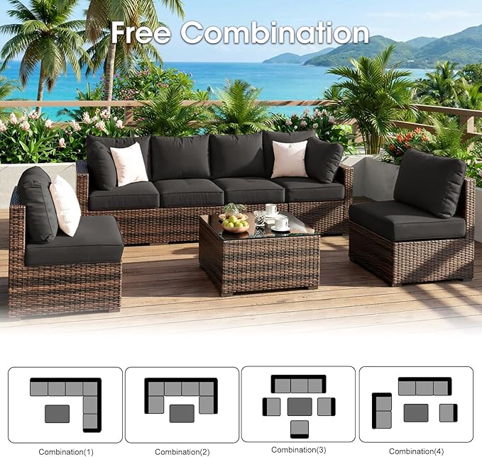 Grezone Patio Furniture Set 7 Piece Outdoor Wicker Sectional Sofa - All Weather High Backrest PE Rattan Couch Conversation Set with Cushion & Glass Top Table for Backyard Deck Porch Black