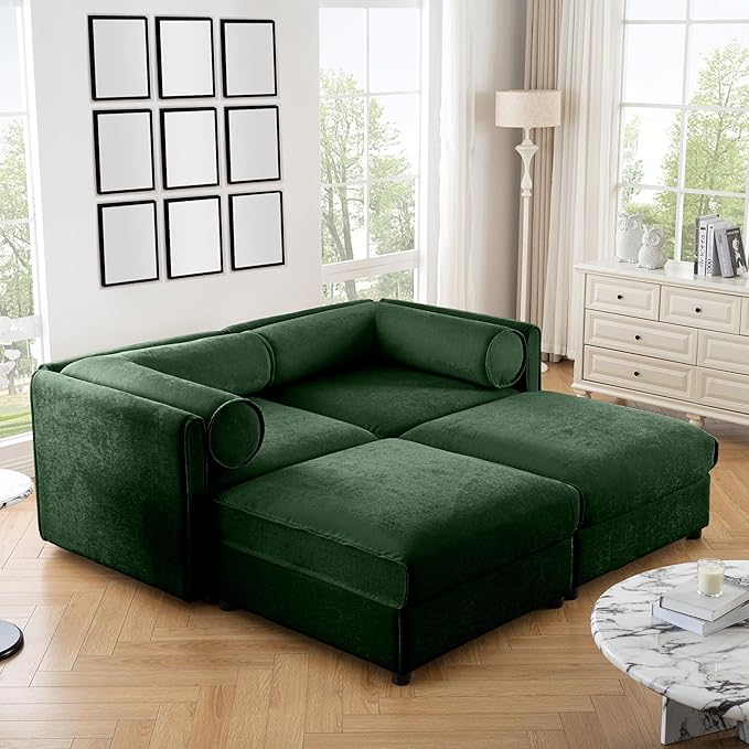 KEIKI 76" Modular Loveseat Chenille Sectional Sofa with Storage Seat and 2 Ottoman, 2-Seater Couch with Cylindrical Backrest and Armrests, Easy Assembly, for Apartment, Living Room, Green