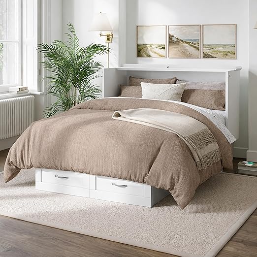 AFI, Chelsea Mid-Century Modern Full Wood Murphy Bed Chest with 6" Mattress, Storage Drawer & Built-in USB Charger, White