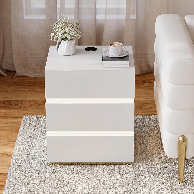 homary 3-Drawer LED Smart Nightstand with Wireless Charging, USB & Type-C Ports – Modern White Bedside Table with Storage and Adjustable Light, Bedroom Night Stand with Glossy Stainless Steel Base - Image 7