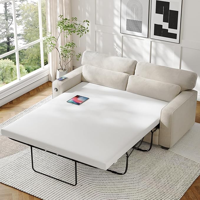 Marsail Pull Out Sofa Bed, Full Size Sleeper Sofa with Memory Foam Mattress, 2 USB Charging and Removable Covers, Loveseat for Living Room, Apartment, Supports 600 LBS, Chenille Fabric, White