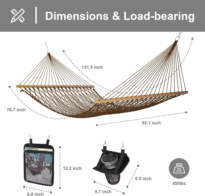 SUNCREAT Portable 2 Person Hammock with Carrying Bag, Tree Hooks, Magazine Bag, Bottle Holder, Heavy Duty Hanging Tree Hammock, Brown - Image 5