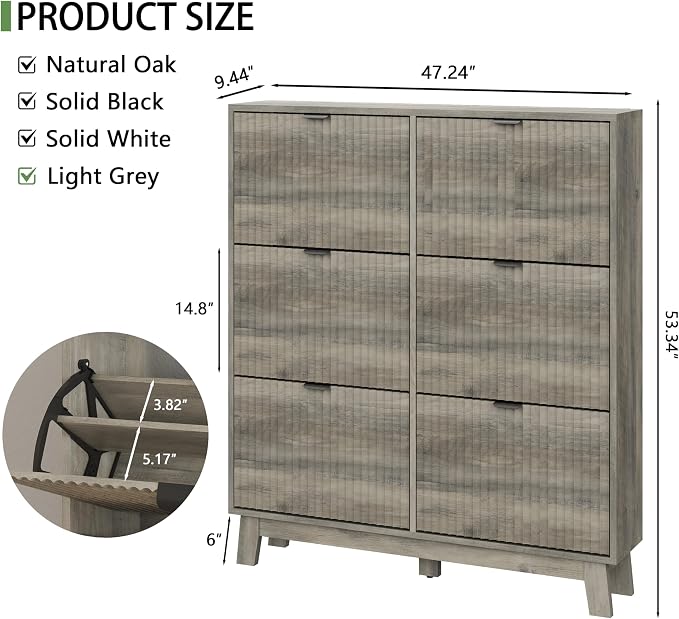 Xixini Shoe Cabinet with 6 Flip Drawers, 54" Tall Narrow Fluted Shoe Storage Organizer for Entryway, Hidden Slim Wooden Shoe Rack Cabinet for Front Door Entrance, Hallway, Living Room, Light Grey - Image 2