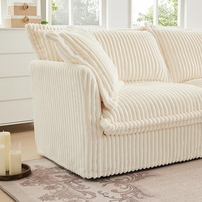 KEIKI 83" Corduroy Sectional Cloud Couch Sofa, White 3 Seat L Shaped Sleeper Sofa Set with Removable Ottoman, Comfy Deep Love Seat for Apartment Living Room, Big Pillows, Cream