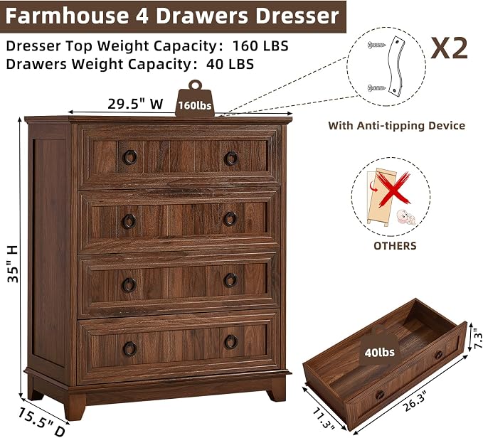 Joaxswe Farmhouse 4 Drawer Dresser for Bedroom, 35" Tall Small Dressers & Chest of Drawers, Rustic Wood Dresser with Metal Handle, Storage Organizer Closet for Living Room, Hallway, Entryway - Image 2