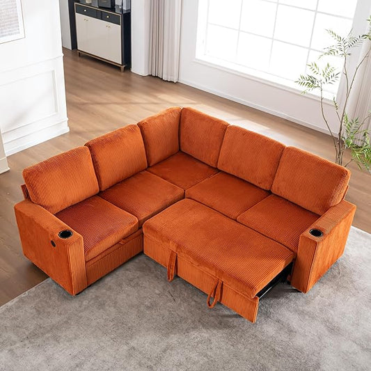 Eafurn 84" Sectional Sleeper Sofa with Pull Out Bed, L-Shaped Modular Corner Sofa with Hidden Storage, Cup Holders & USB Ports, Comfy Corduroy Fabric Convertible Couch for Living Room, Apartment | Breathable material, Side Pockets