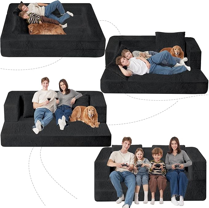 Futon Sofa Bed with Pillow, 3-in-1 Sleeper Sofa Bed with Removable Cover, Convertible Floor Sofa Bed, No Assembly Boneless Couch for Living Room, Bedroom
