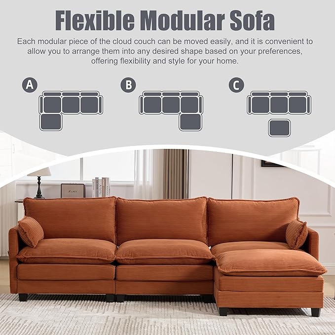 Modular Sectional Sofa Couch with Reversible Ottoman, 103" Oversized Corduroy Cloud Couch, 3 Seat Sectional Sofa with Solid Wood Frame and Side Pockets,for Living Room & Apartment