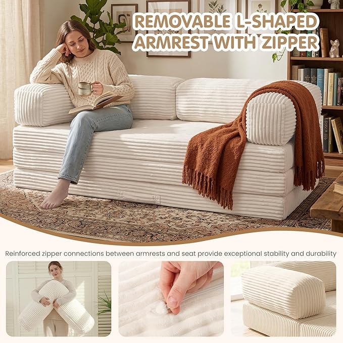 Folding Sofa Bed, Convertible Sleeper Chair with Pilow Foldable Matress, 2 in 1 Pull Out Loveseat Sofa Portable Fold Out Chair Bed Floor Couch Lounge for Living Room (Beige, King-82 Lx76 W)
