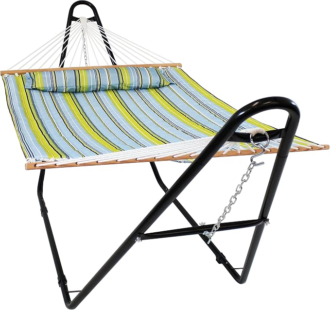 Sunnydaze Double Quilted Fabric Hammock with Universal Steel Stand - 450-Pound Capacity - Black Stand - Blue and Green by SunnydazeDecor