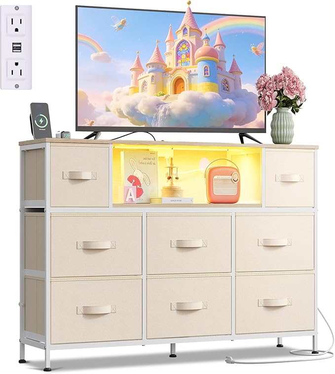 WLIVE Dresser TV Stand for 45, 50, 55 inch TV, Entertainment Center with LED Lights & Charging Station, Chest of Drawers with 8 Fabric Drawers and Open Shelves for Living Room, Hallway, Cream White by WLIVE
