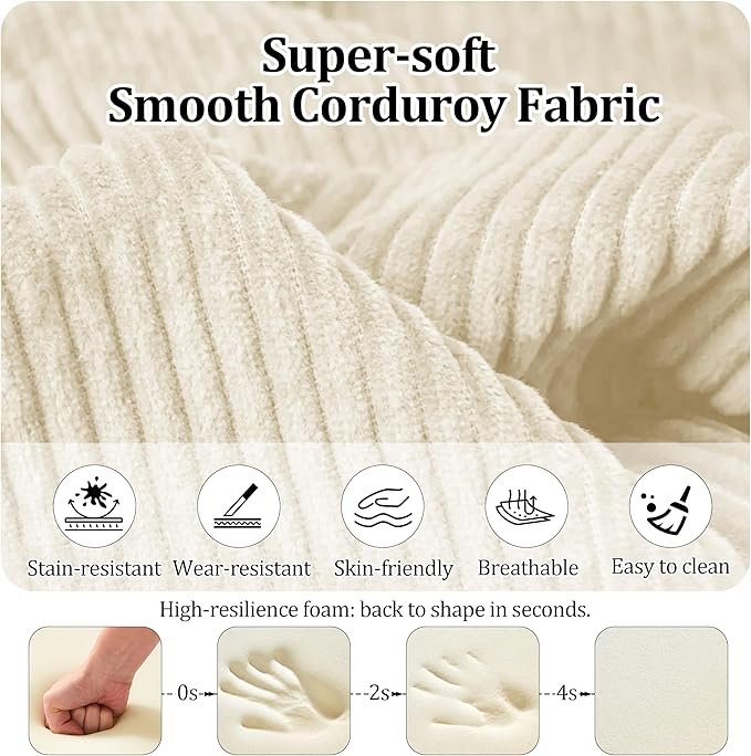 59'' Convertible Compressed Corduroy Folding Cloud Sofa Bed, Modern Boneless Pull Out Loveseat Sleeper in a Box, 4 in 1 Floor Mattress Futon Cloud Couch, No Assembly Needed, Beige, 2 Pillows, Queen