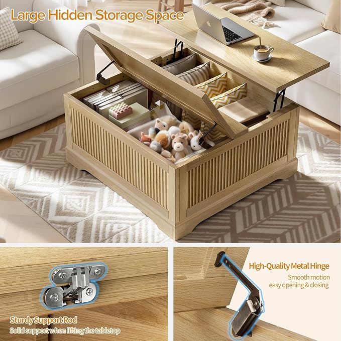 Lift Top Coffee Table with Storage,Fluted Coffee Tables with Lifting Top,Modern Farmhouse Square Center Table for Living Room, Home Office, with Hidden Compartment, Flip-Up Lids, Natural Oak